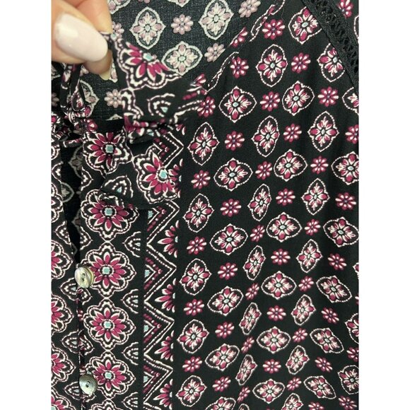 J Jill Women Top M Black Pink White  Button Down Shirt Raglan Short Sleeve Rayon - Picture 6 of 7